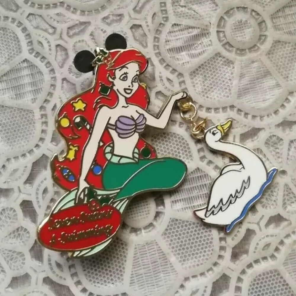 Disney LE 300 Ariel The Little Mermaid Christmas Holiday Swan Dangle Charm Pin